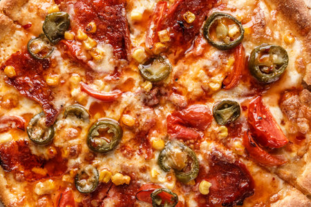 Fresh pizza with tomato sauce, black olives, mozzarella cheese, ham on wooden table closeup. Space for text or copy space. Pizza menu. Restaurant menu advertiseの写真素材