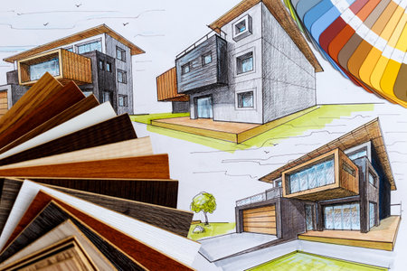 Interior designer's working table, an architectural plan of the house, a color palette. Drawings and plans for house decoration.Construction concept: plan, color samples, rollerのeditorial素材