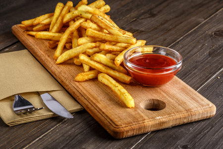 Delicious fries on a cutting board, on a wooden table background. Hot fast food, close upの写真素材