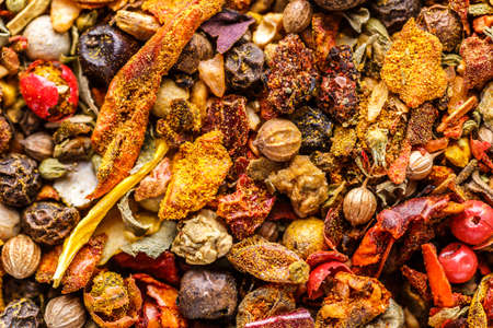 A mixture of different spices close up. Textures of colorful spices and condiments.Colorful Herbal and Spices Oriental.Cafe concept.Various Indian spicesの写真素材