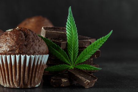 Cupcake with marijuana.traditional sponge cake with cannabis weed cbd. Medical marijuana drugs in food dessert, ganja legalization.Stack of chocolate slices with mint leaf on a wooden table.の写真素材
