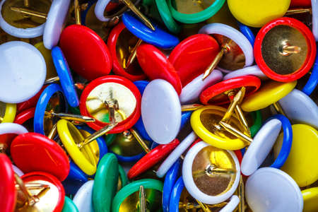push pins background.Set of push pins in different colors.Top view.の写真素材