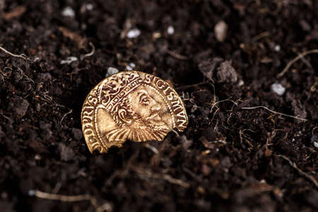 Closeup view of medieval European gold and silver coins.Old Polish coins.Zygmunt III Waza.Ancient gold and silver coins.Numismatics.silver coins covered in dirt.Antikvariat.の写真素材