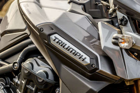 KANIV, UKRAINE - JUNE 5, 2021: Nice Triumph bike close up. A Festival Motorcycle International...