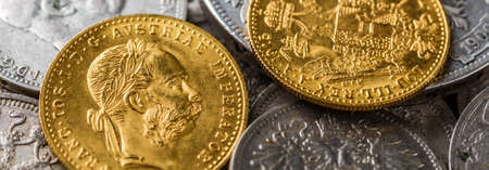 Austro-Hungarian Empire or the Dual Monarchy Gold coins - Close up.Old gold and silver Austrian...
