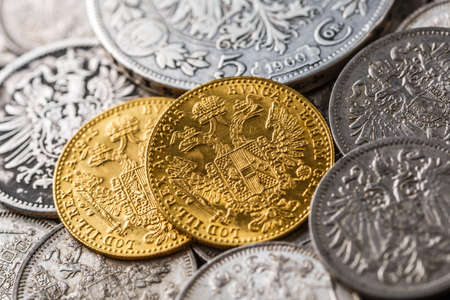 Austro-Hungarian Empire or the Dual Monarchy Gold coins - Close up.Old gold and silver Austrian...