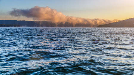 Dniester Grand Canyon.Outdoor fishing in the river during sunrise. Hunting and sports hobby.Zander fishing.の写真素材