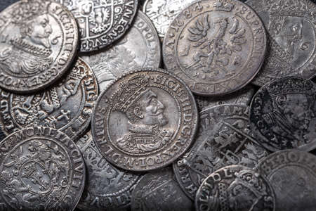 Closeup view of medieval European silver coins.Zygmunt III Waza.Ancient silver...