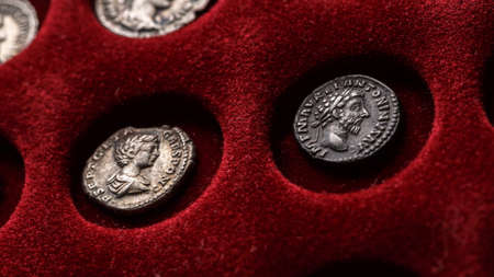 Numismatics.Authentic silver denarius, antoninianus of ancient Rome. A collector holds an old coin. Ancient coin of the Roman Empireの写真素材