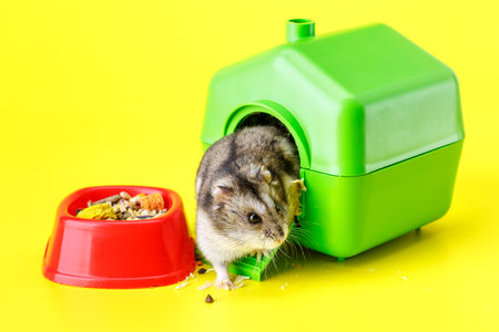 Dwarf gray hamster isolated on yellow background. Little house.Cute baby hamster, standing facing front.hamster eating foodの写真素材