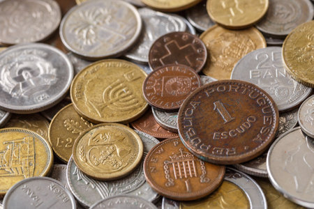 Background of Euro coins money.Numismatics.United kingdom Pound coin.US coins.Coins of different countries of the world. Iron money.Collectionの写真素材