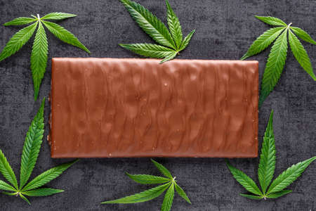 Marijuana leaves on top of chocolate.traditional sponge cake with cannabis weed cbd. Medical...
