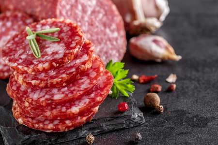 Traditional smoked salami sausage with spices.Salami sausage slices on a black chopping Board. dark background.の写真素材