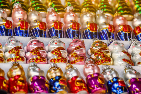 merry christmas, cute festive decoration close up, beautiful toys for new year.Glass Christmas balls for the Christmas market.の写真素材