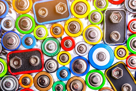 Energy abstract background of colorful batteries.Old used batteries ready for recycling.Used batteries from different manufacturers, waste, collection and recycling,Alkaline battery aa size.の写真素材