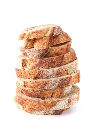 Freshly baked Bread isolated on white background.Healthy bread recipe.Insulated items, baking, side vewの写真素材