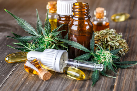 Green leaves of medicinal cannabis with extract oil.Medical marijuana flower buds. Hemp buds - medical marijuana conceptの写真素材