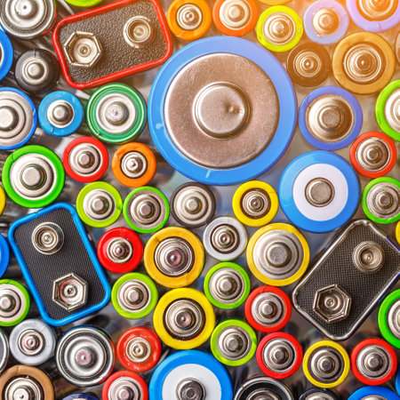 Energy abstract background of colorful batteries.Old used batteries ready for recycling.Used batteries from different manufacturers, waste, collection and recycling,Alkaline battery aa size.の写真素材