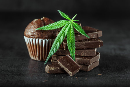 Cupcake with marijuana.traditional sponge cake with cannabis weed cbd. Medical marijuana drugs in food dessert, ganja legalization.Stack of chocolate slices with mint leaf on a wooden table.の写真素材