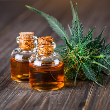 Green leaves of medicinal cannabis with extract oil.Medical marijuana flower buds. Hemp buds - medical marijuana conceptの写真素材