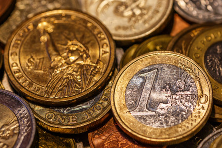 Background of Euro coins money.United kingdom Pound coin.US coins.Numismatics.Group of coins,Business concept. Iron money.Collectionの写真素材