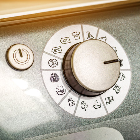 Washing machine.Modern washing machine front panel with display.Knob for selecting the modes of...