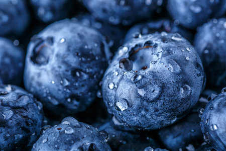 Water drops on ripe sweet blueberry. Fresh blueberries background with copy space for your text. Vegan and vegetarian concept. Macro texture of blueberry berries.Texture blueberry berries close upの写真素材