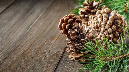 Pine cone and green branch on wooden table with snow, copy space for text.Pine cones on wooden background.の写真素材