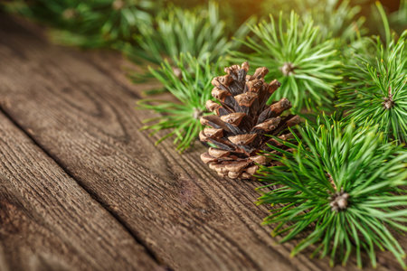 Pine cone and green branch on wooden table with snow, copy space for text.Pine cones on wooden...