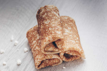 Pancakes with cottage cheese filling.の写真素材