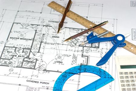 A blueprint floorplan with various equipment on top