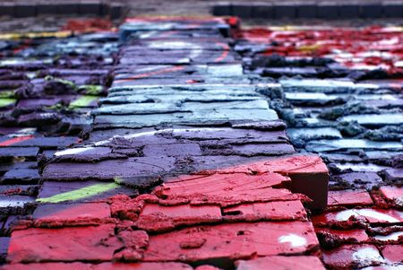 A wall covered in graffitiの写真素材