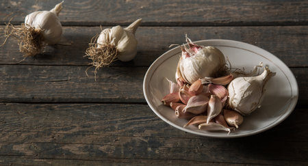 saucer with garlic on wooden texture. Concept: food, vegetables, agricultureの写真素材