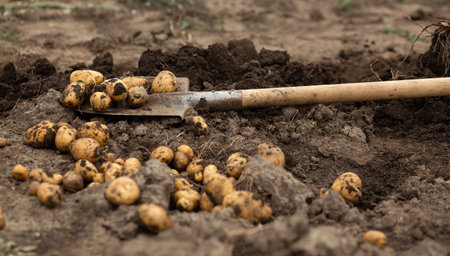 dig potatoes in the garden under a shovel. gardening, agriculture, ruralの写真素材