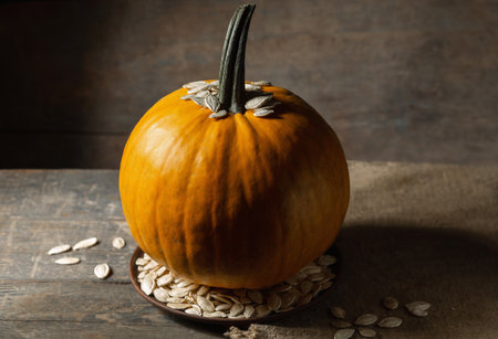 Pumpkin in a plate with pumpkin seeds on a wooden tableの写真素材