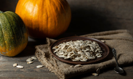 Pumpkin seeds on a brown plate on a wooden background.の写真素材