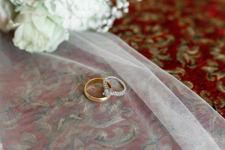 lace, wedding, gold, ring, love, bride, celebration, jewelry, decoration, marriage, beautiful, family, background, veil, white, holiday, flower, two, bridal, romantic, engagement, couple, romance, style, bride style , bride dress, tender dress, golden, happiness, fidelityの写真素材