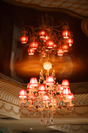 Red chandelier in the banquet hallの写真素材