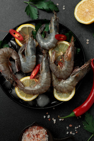 Large King prawns on lemon slices and ice. Hot peppers. Black plate. Black backgroundの写真素材