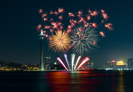 Beautiful firework display at Macacu Towerの写真素材