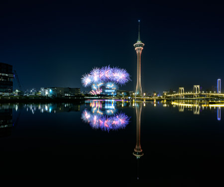Fireworks  reflection in the lake.の写真素材