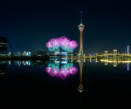 Beautiful night view with reflection in the lakeの写真素材