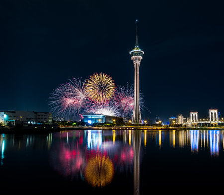 Sky Tower at night with fireworksの写真素材
