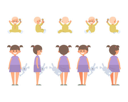 Front, side, back view animated character. Designer character creation set with various views. Cartoon style, flat vector illustration of smiling little girl and child in casual clothes.のイラスト素材