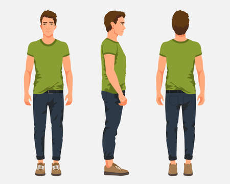 Vector illustration of three men in casual clothes under the white background. Cartoon realistic people illustartion. Flat young man. Front view man, Side view man, Back side view manのイラスト素材
