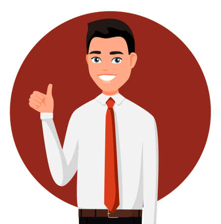 Smiling man in official show thump up for agreement sign with success business concept. Vector illustration in cartoon style. Realistic people. Flat young man. Front view man.のイラスト素材