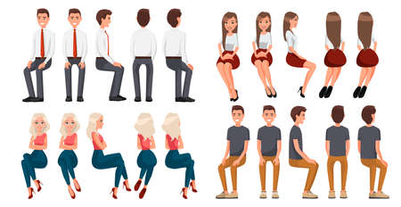Big set of sitting people. Men in casual clothes and official clothes, woman in red skirt and a white blouse, woman in casual clothes . Cartoon realistic people. Flat young man. Front view, Side viewのイラスト素材