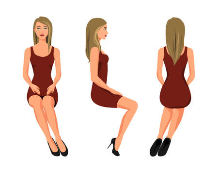 Vector illustration of three sitting girl in red dress under the white background. Cartoon realistic  people illustration. Flat young woman. Front view girl, Side view girl, Back side view girlのイラスト素材