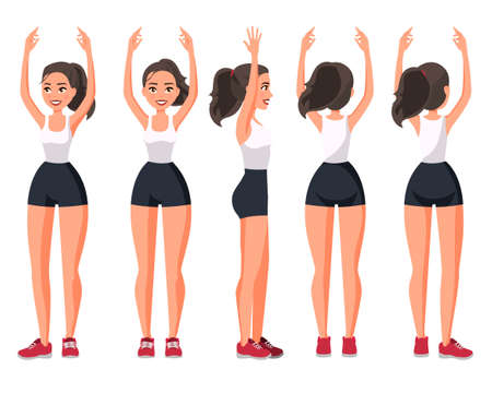 Vector illustration of  sportive woman in sportswear with hands up .Cartoon realistic people illustration. Flat young woman. Front view girl, Side view ,Back side view , Isometric view.のイラスト素材