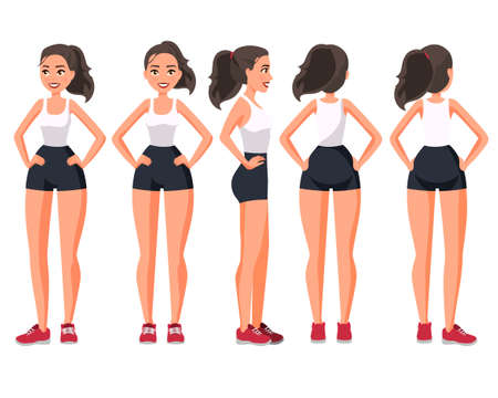 Vector illustration of  sportive woman in sportswear with hands on hips .Cartoon realistic people illustration. Flat young woman. Front view girl, Side view ,Back side view , Isometric view. Trainingのイラスト素材